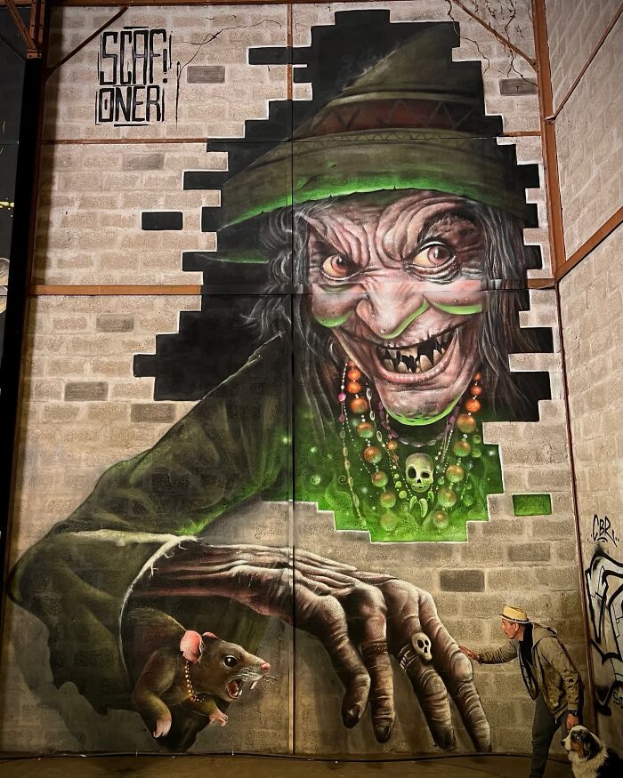 A French artist creates a mind-bending 3D illusion of a witch holding a rat on an ordinary wall.