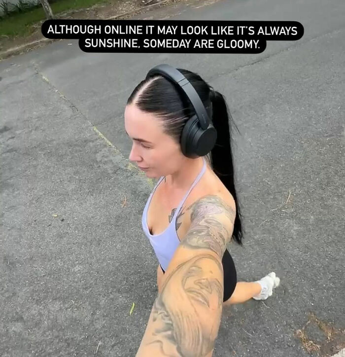A devastated mom with headphones walks outdoors, with text about online appearances and gloomy days. A devastated mom with headphones walks outdoors, with text about online appearances and gloomy days.