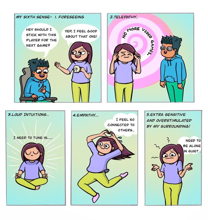 Adorable comics illustrating a woman's sixth sense, including foreseeing and empathy.