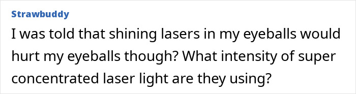 A comment from Strawbuddy questioning the safety of laser light intensity used to show the new color Olo.