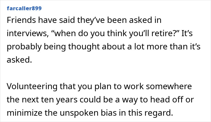 A Reddit comment discusses resume botoxing, mentioning age bias in interviews and suggesting volunteering a 10-year work plan.
