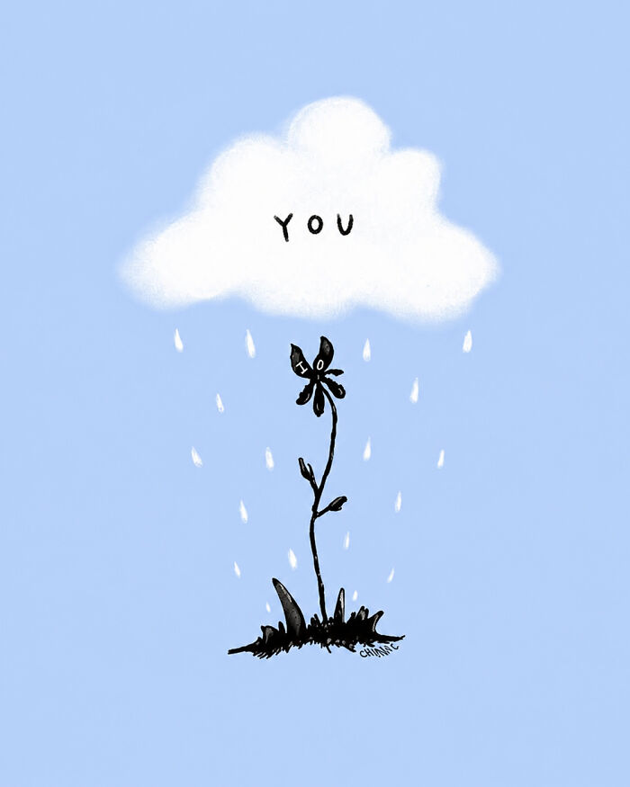 Illustration of a black flower with the word HOPE being watered by a cloud, symbolizing resilience in modern society.