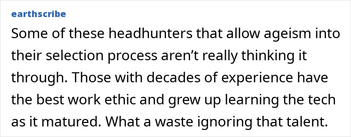 A screenshot of a comment about headhunters ignoring experienced candidates, discussing the resume botoxing trick.