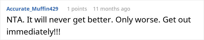 A Reddit comment advising a woman to leave her husband who lets his mom control their marriage, stating it will only get worse. A Reddit comment advising a woman to leave her husband who lets his mom control their marriage, stating it will only get worse.
