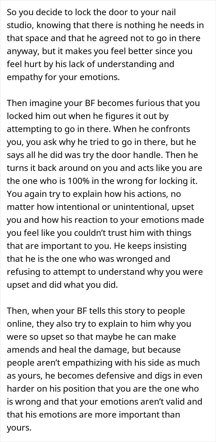 A woman locks her nail studio due to a guy's boundary violations, leading to his furious reaction.