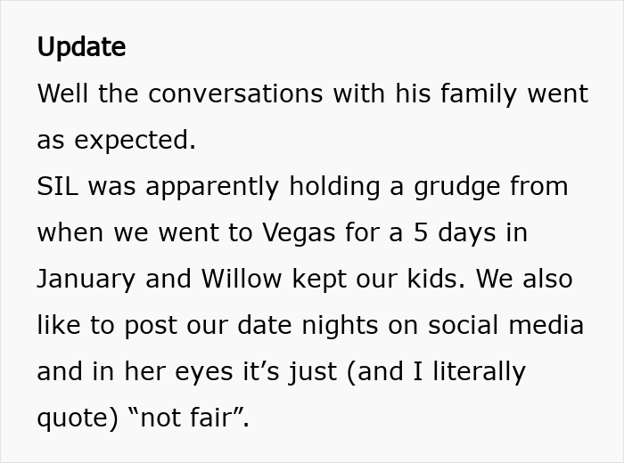 Update text revealing grudges from the in-laws during a family vacation. Update text revealing grudges from the in-laws during a family vacation.