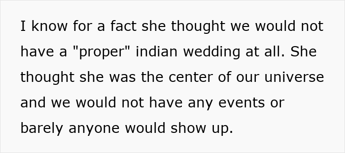 Text about MIL thinking the bride would not have a proper Indian wedding and no one would show up. Text about MIL thinking the bride would not have a proper Indian wedding and no one would show up.