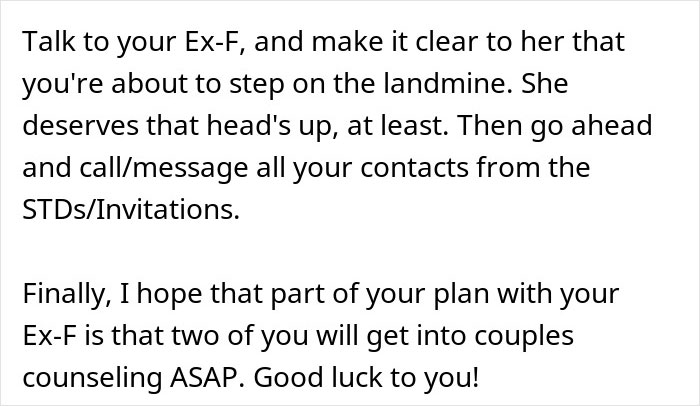 A comment advises the bride to talk to her ex-fiancée and consider couples counseling to address wedding problems. A comment advises the bride to talk to her ex-fiancée and consider couples counseling to address wedding problems.