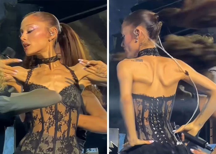 Two images of Ariana Grande in a lace top, performing, with her appearance stunning fans. Two images of Ariana Grande in a lace top, performing, with her appearance stunning fans.