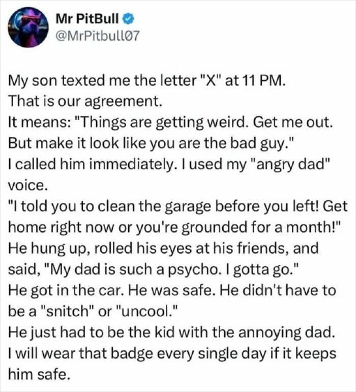 A wholesome post from MrPitbull, showing a text conversation with his son, emphasizing a father's love and protection.