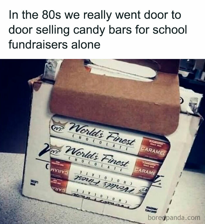 A box of World's Finest Chocolate candy bars for school fundraisers, a common 80s school memory.