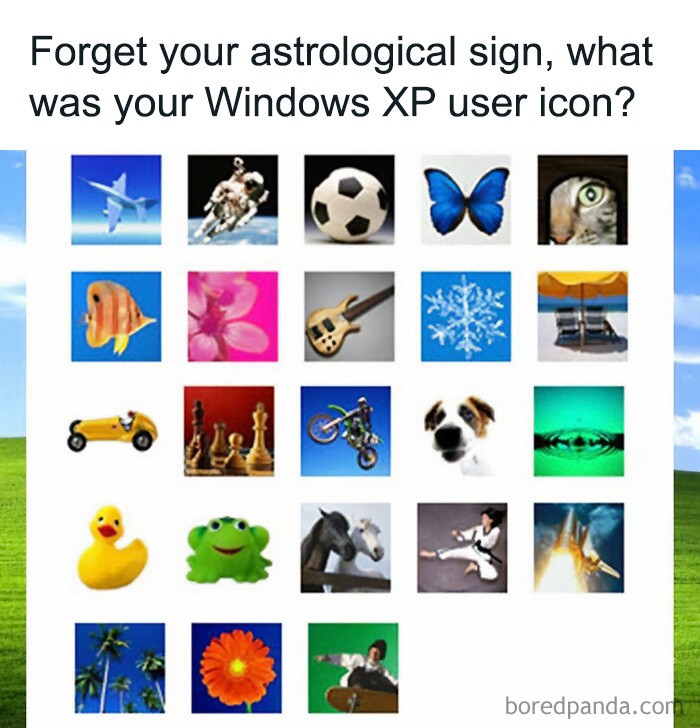 Windows XP user icons on the classic Bliss background. Images that bring 90s and 00s nostalgia.