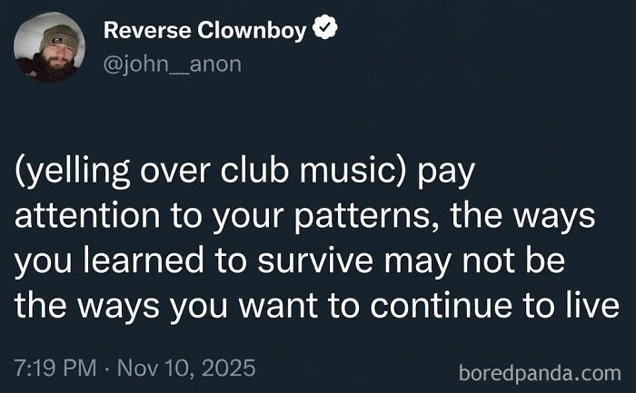 A serotonin meme tweet encouraging self-reflection on learned survival patterns.