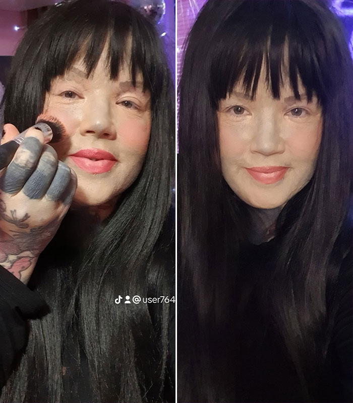 A split image of a mom with 800 tattoos revealing her face without the extreme look, with and without makeup. A split image of a mom with 800 tattoos revealing her face without the extreme look, with and without makeup.