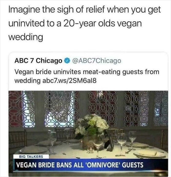 A screenshot of a news article about a vegan bride banning 'omnivore' guests from her wedding day.