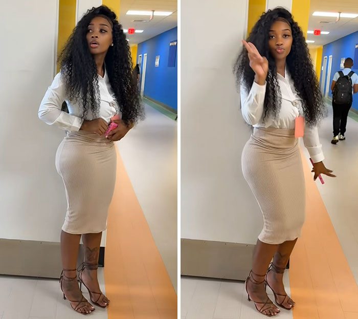 A teacher poses in a white blouse and a fitted beige skirt, contributing to the dress code discussion. A teacher poses in a white blouse and a fitted beige skirt, contributing to the dress code discussion.