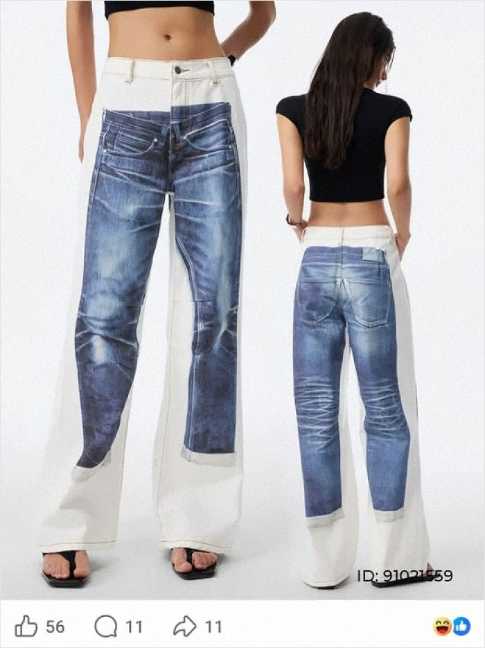 A woman models a pair of hilariously bad fashion crimes: wide-leg jeans with a printed image of tighter jeans on the front.