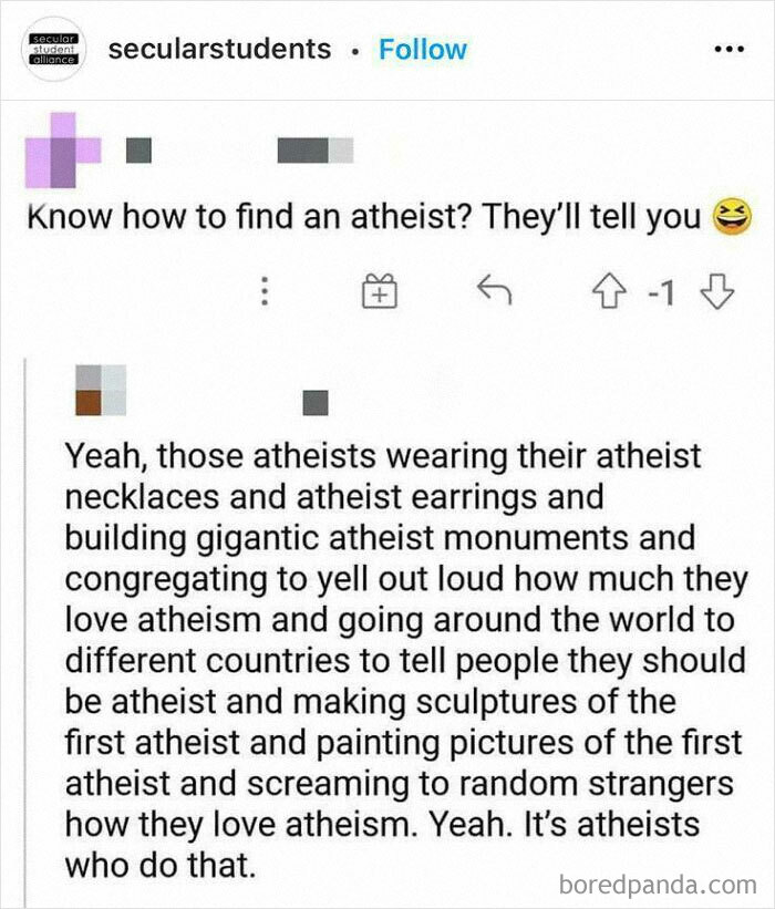 A screenshot of a social media post asking how to find an atheist, followed by a humorous, sarcastic response about random jokes.