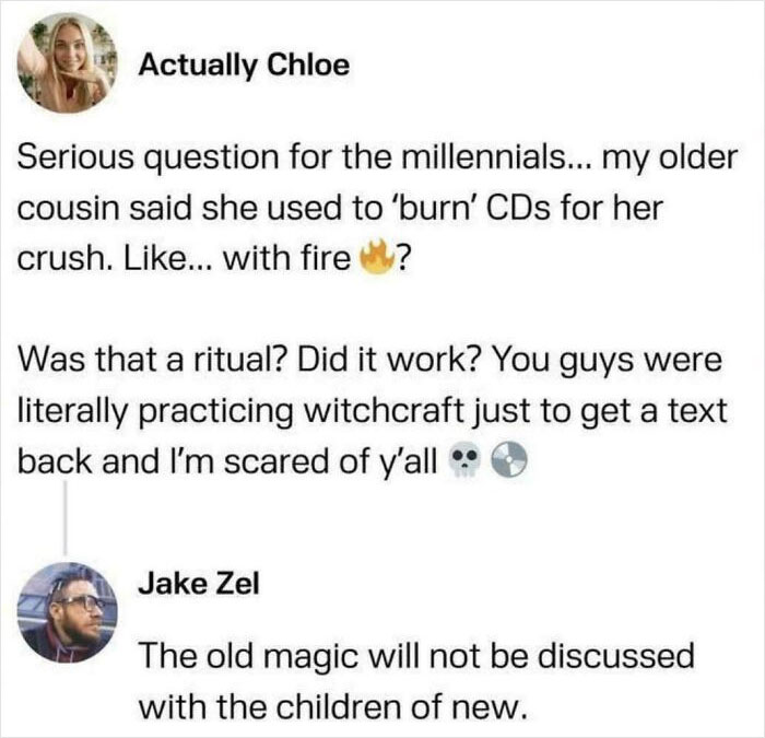 A meme about Gen X experience, discussing 'burning CDs' and calling it witchcraft for millennials.