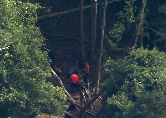 Aerial view of search and rescue in the woods, where the missing teen's body was found.