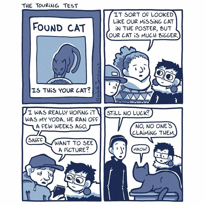 A heartwarming comic series depicts a bond with a stray cat, featuring a poster for a lost feline and people discussing their missing pet. A heartwarming comic series depicts a bond with a stray cat, featuring a poster for a lost feline and people discussing their missing pet.