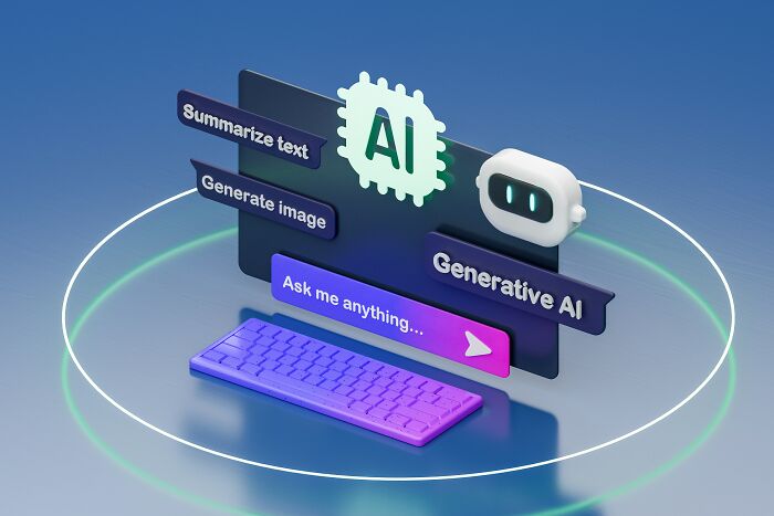 A glowing AI logo and generative AI text with a keyboard, indicating advanced artificial intelligence capabilities and healthy habits.