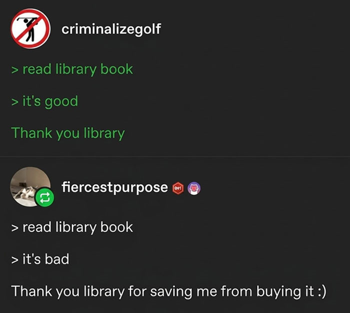 Two Tumblr posts thanking the library for good and bad books, highlighting best Tumblr things shared online.