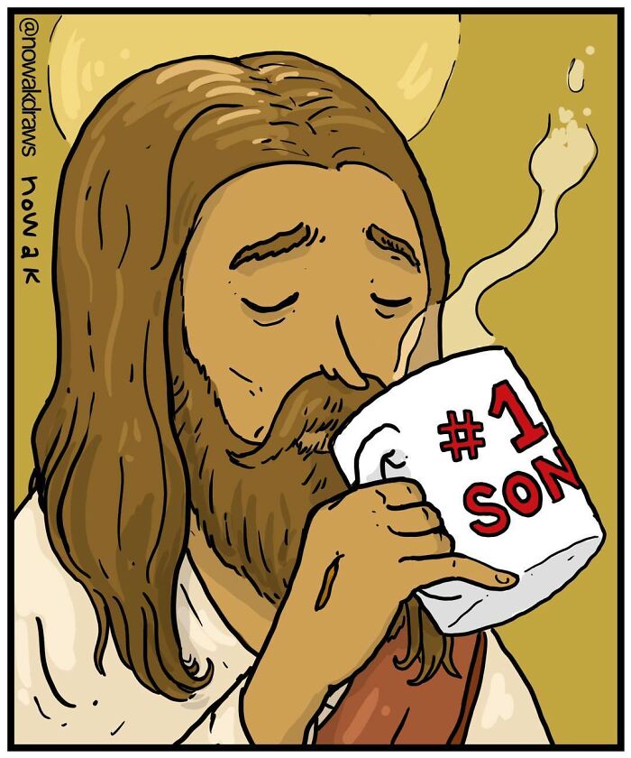 A comic showing Jesus drinking from a #1 Son mug, highlighting the weirdest ideas for best jokes.