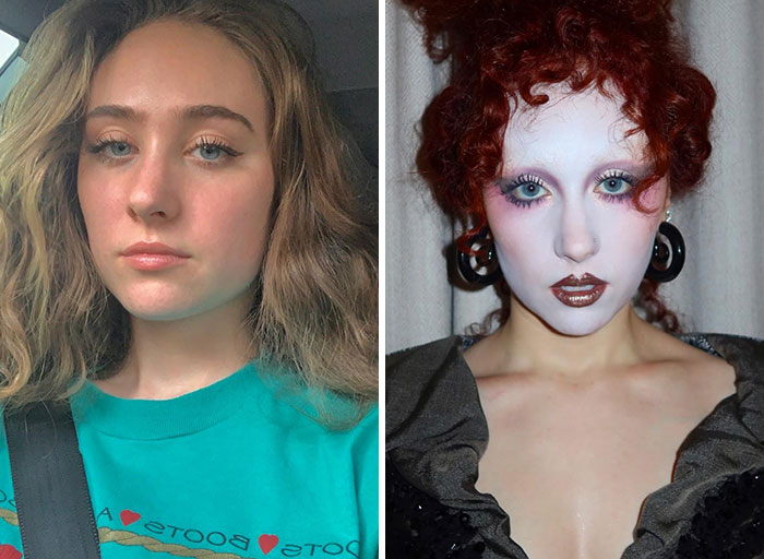 Woman's dramatic style transformation before and after, showing her evolving looks.