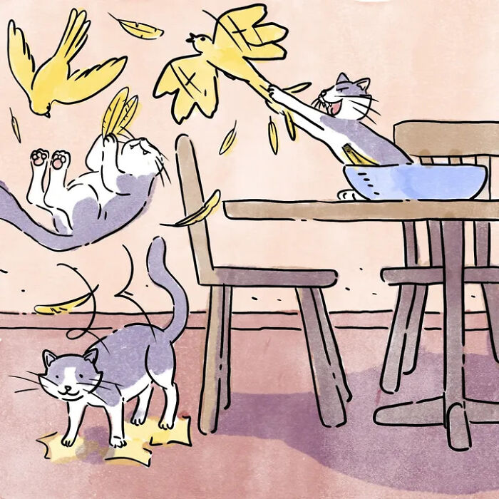 Heartwarming comics with pets; cats play with a bird, feathers flying, depicting the playful chaos of pets. Heartwarming comics with pets; cats play with a bird, feathers flying, depicting the playful chaos of pets.