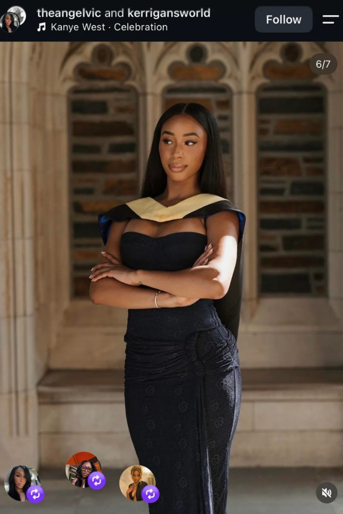 Influencer in a graduation gown and elegant dress, reflecting on her career journey. Influencer in a graduation gown and elegant dress, reflecting on her career journey.