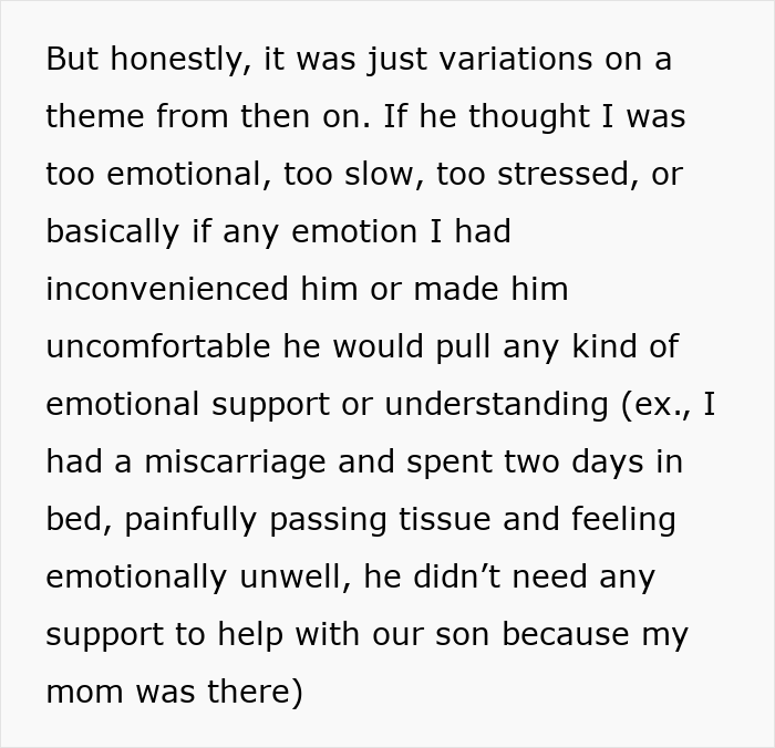 A screenshot of text describing a husband left pregnant and lacking emotional support in the relationship. A screenshot of text describing a husband left pregnant and lacking emotional support in the relationship.