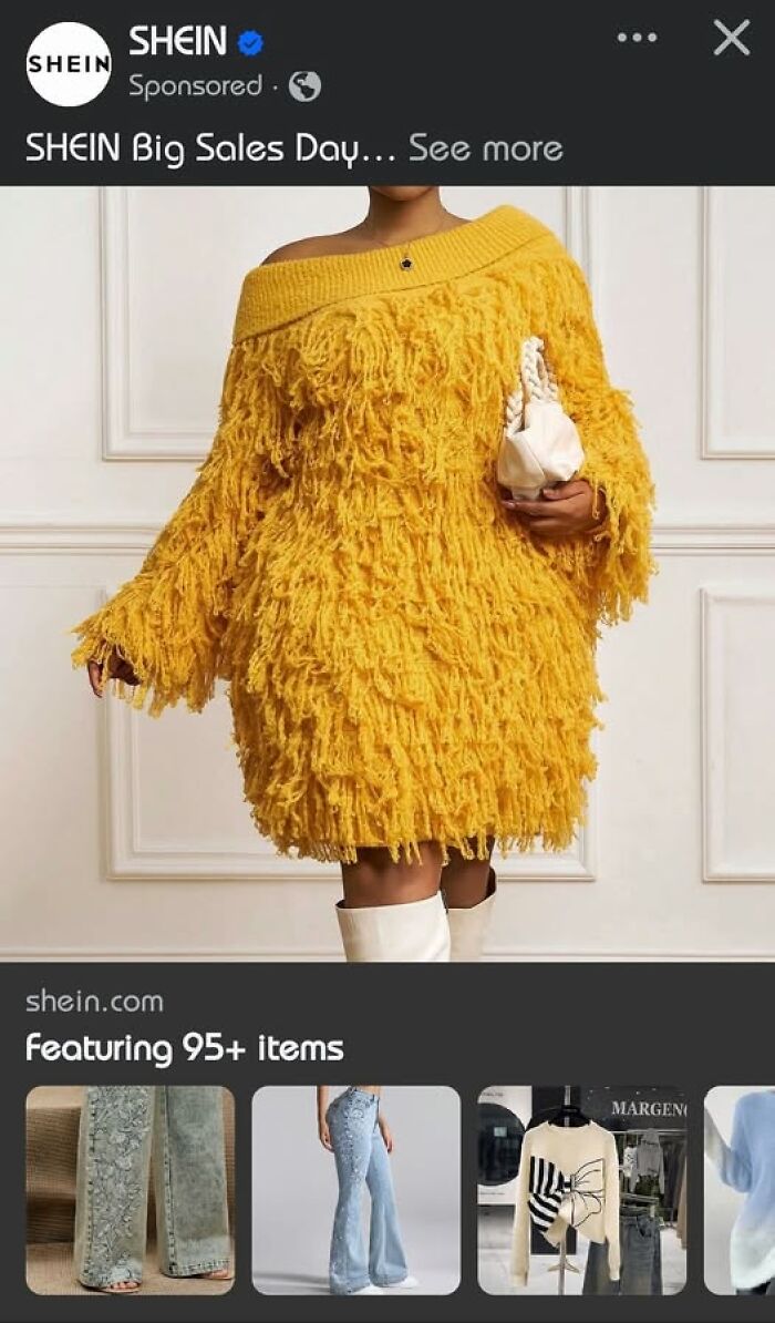 A woman wears a voluminous, shaggy yellow dress, resembling a cleaning mop, a hilariously bad fashion crime.