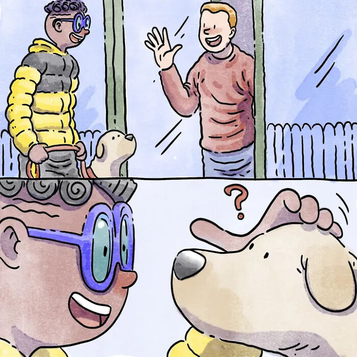 Heartwarming comics of a person leaving their pet dog with a friend, showing the dog's confused reaction. Heartwarming comics of a person leaving their pet dog with a friend, showing the dog's confused reaction.