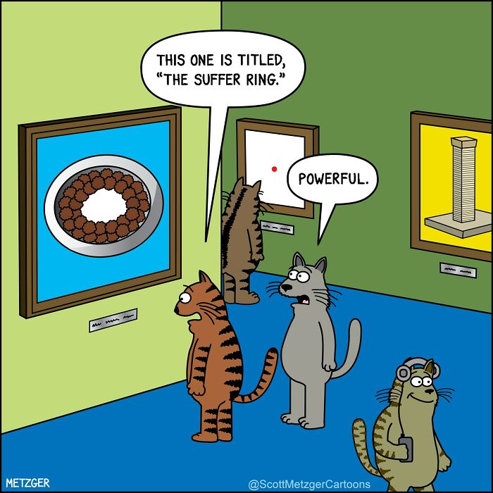 Cats looking at art in a gallery, with one titled The Suffer Ring, part of new relatable comics.