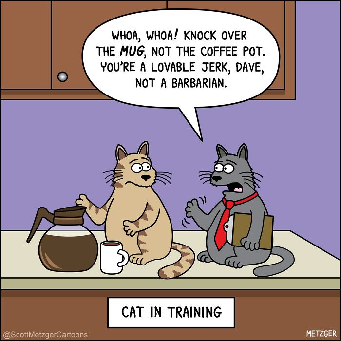 Two cats discussing knocking over a coffee pot and a mug, a scene from the new relatable comics.