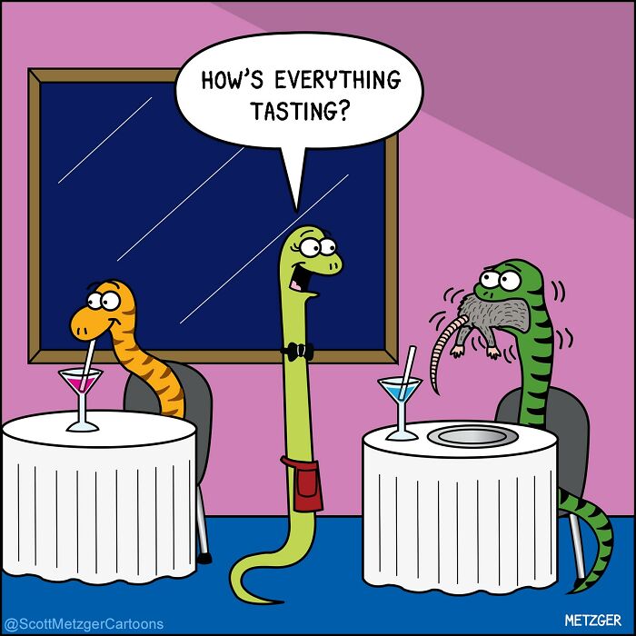 Scott Metzger cartoon: A server snake asks how a rat tastes to another snake at a restaurant.