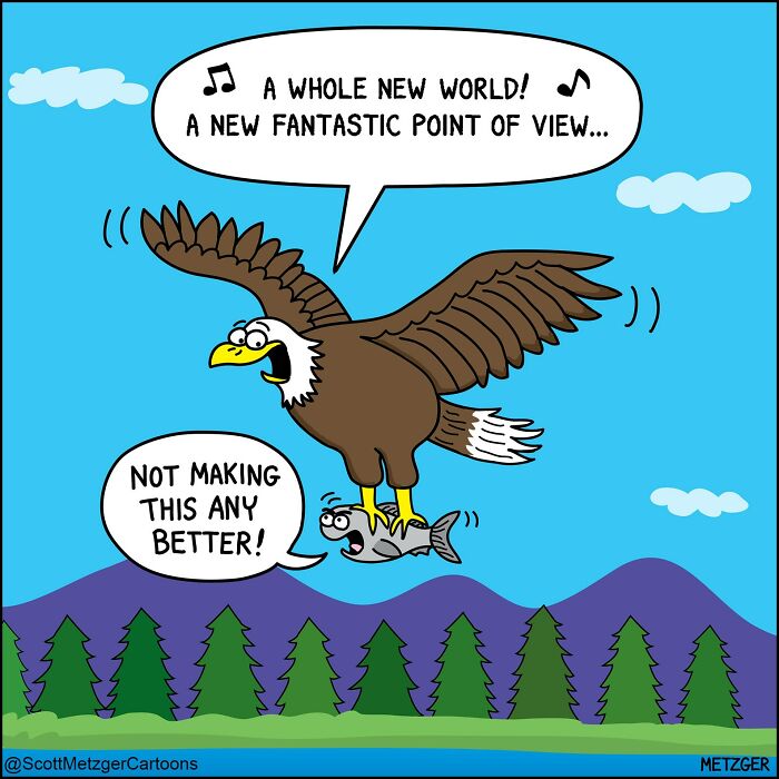 A Scott Metzger comic featuring an eagle singing while carrying a fish, relatable comics showing the weird logic of animals.