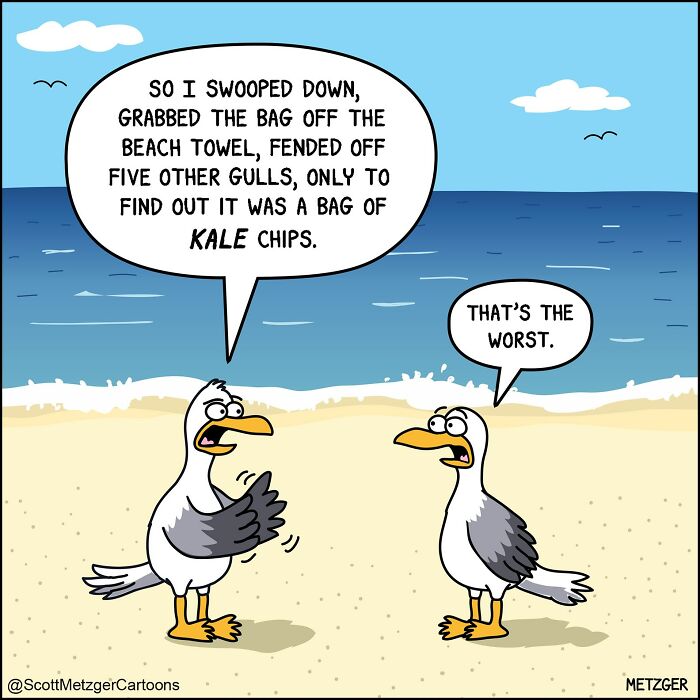 A Scott Metzger comic showing two seagulls on a beach discussing a disappointing bag of kale chips, relatable comics for pet owners.