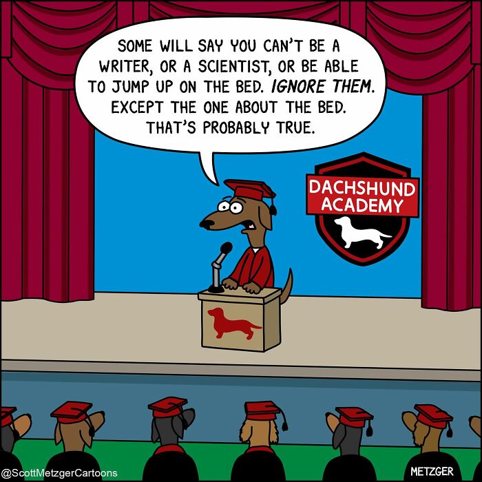 Scott Metzger comic: A dachshund gives a graduation speech, advising ignore critics except about jumping on beds, from relatable comics about cats and dogs.