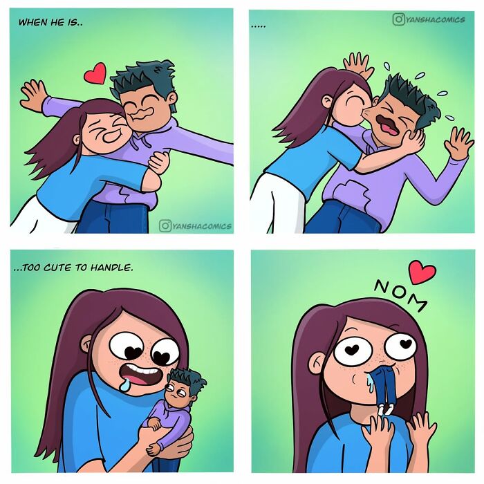 Adorable comics where a woman finds her partner too cute to handle, playfully eating him.