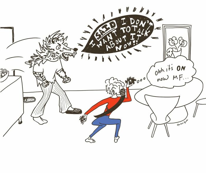 A parenting cartoonist shows an angry, wolf-like figure yelling at a mom, depicting the messy side of parenting in comics.