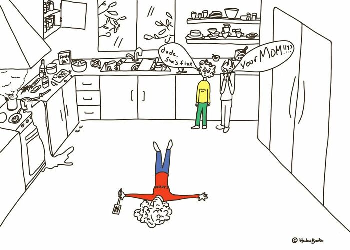 A parenting comic captures a mother lying on the kitchen floor amidst a messy kitchen, as her children comment, a relatable comic of parenting.