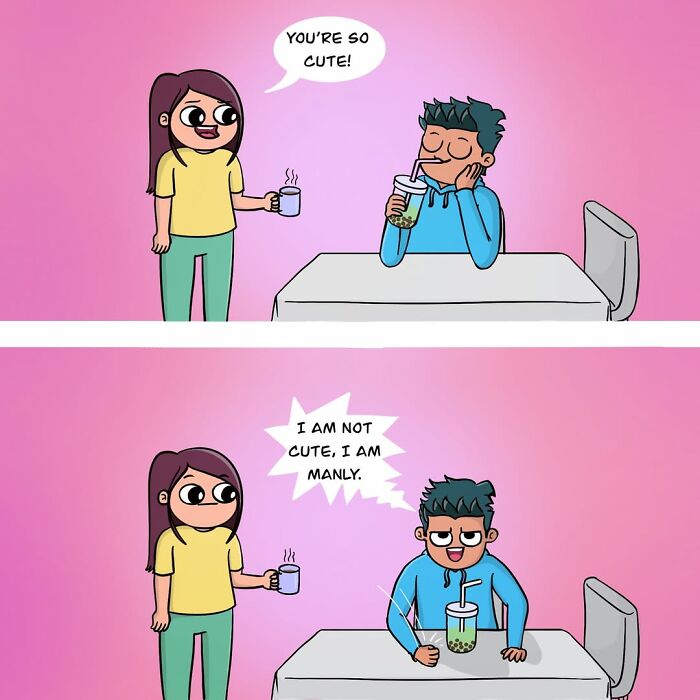 Adorable comics depicting a woman calling a man cute, and his response of being manly.