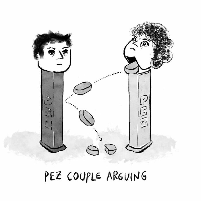 A one-panel comic: two PEZ dispensers with human heads, facing each other, exchanging PEZ candies, labeled PEZ Couple Arguing.