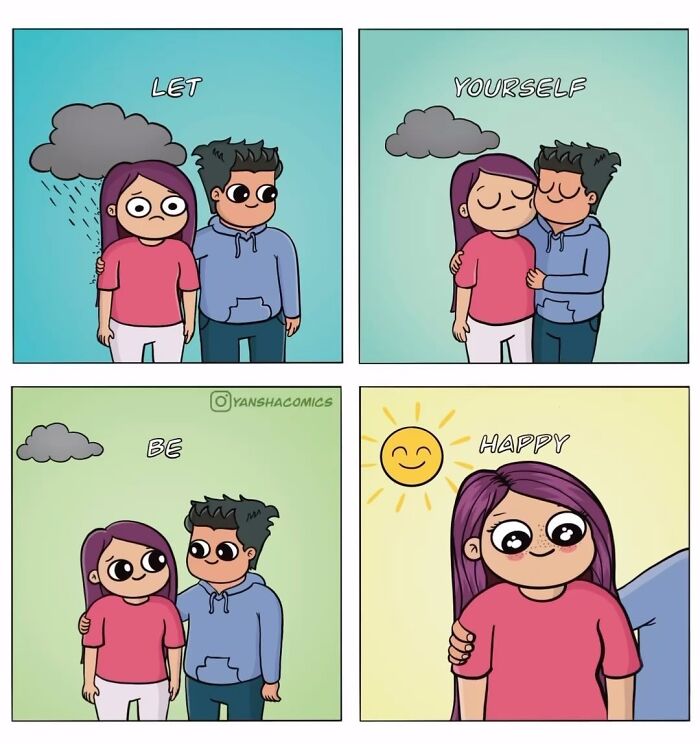 Adorable comics illustrating a man comforting a sad woman, helping her let herself be happy, showing what it means to be in love.