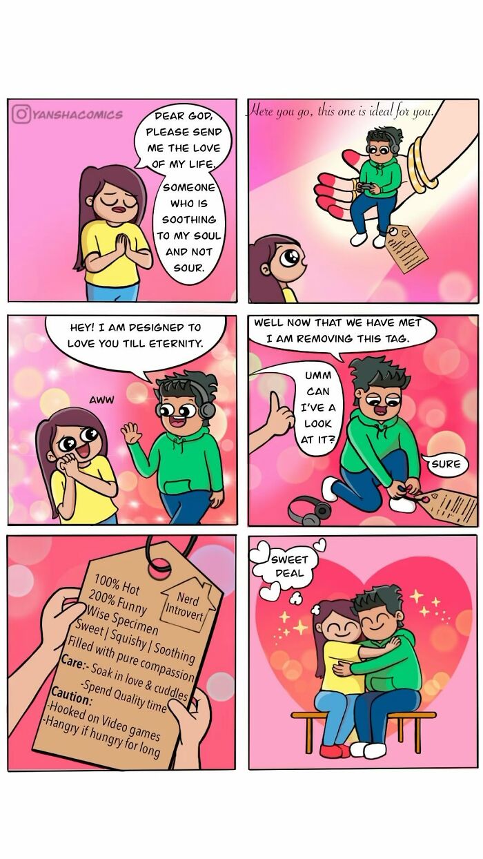 Adorable comics showing a woman praying for love and a man with a tag of his qualities, symbolizing what it means to be in love.