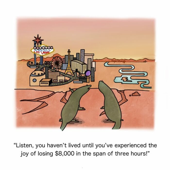 Hilariously relatable comics showing dinosaurs in Las Vegas, bringing animals to life.
