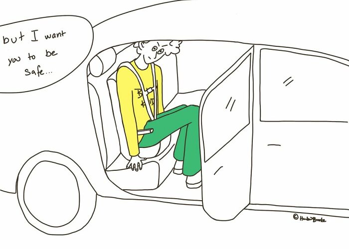 A parenting comic shows a child in a car seat, expressing a desire for safety, reflecting relatable parenting concerns.