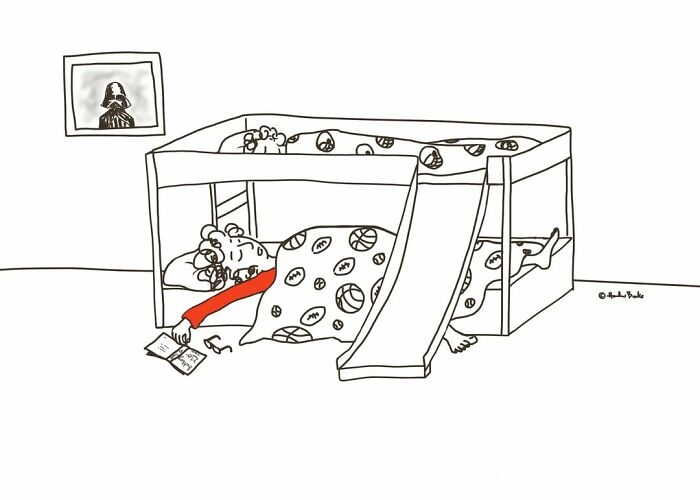 A parenting comic depicts a mother sleeping on the floor next to a bunk bed with a slide, exhausted from the messy side of parenting.